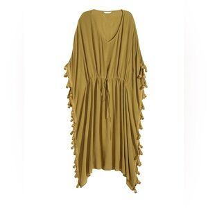 H&M Boho Olive Pom Trim Drawstring Caftan Dress Size M/L Summer Chic Resort Wear